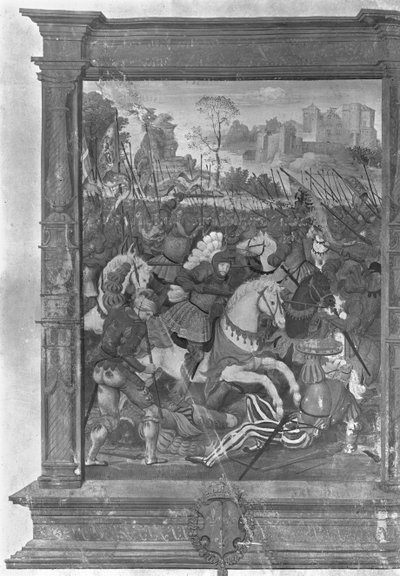 Fol.1 Francois I (1494-1547) in de aanval bij de slag van Marignan, 14 september 1515 door French School